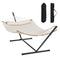 Two Person Hammock with Stand Included, Double Hammock with Curved Spreader Bar and Detachable Pillow and Portable Carrying Bag, Perfect for Outdoor Freestanding Hammock, 480lb Capacity