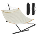 Two Person Hammock with Stand Included, Double Hammock with Curved Spreader Bar and Detachable Pillow and Portable Carrying Bag, Perfect for Outdoor Freestanding Hammock, 480lb Capacity