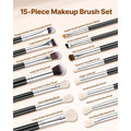 15-Piece Makeup Brush Set for Foundation Blending Eyeshadow, Professional Vegan Brushes with Soft Synthetic Bristles, Ergonomic Wood Handle & Aluminum Ferrule, Portable and Travel-Friendly