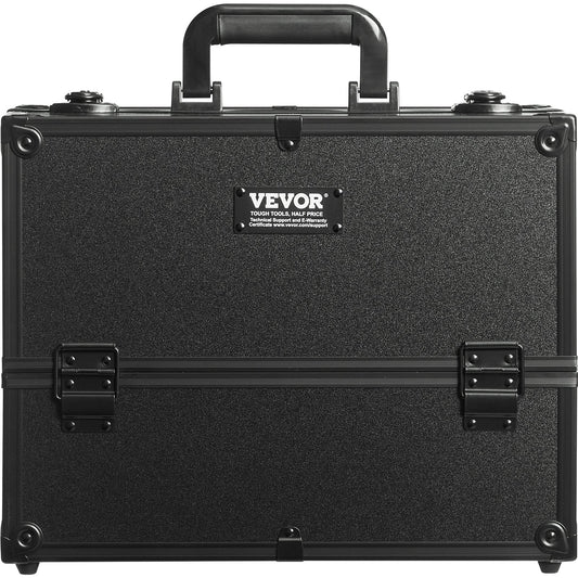 Makeup Train Case 370MM Large Portable Cosmetic Case, 6 Tier Trays Professional Makeup Storage Organizer Box Make Up Carrier with Handle And Strap Travel Case for Women and Girls - Black