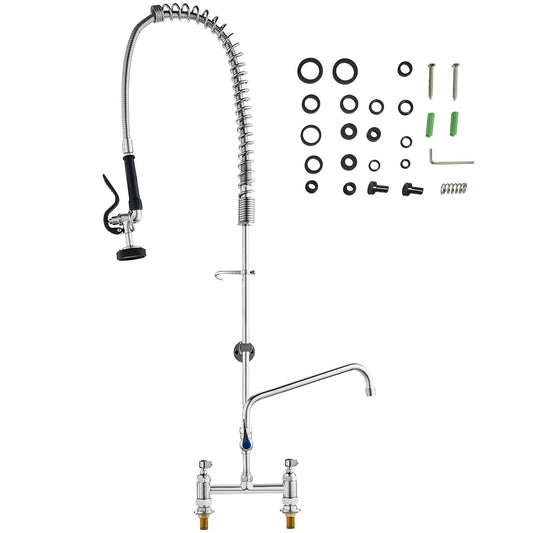 Commercial Faucet with Pre-Rinse Sprayer, 44" Height, 8" Center, 12" Swing Spout, Deck Mount Kitchen Sink Faucet, Brass Constructed Device with Pull Down Spray, for 1/2/3 Compartment Sink