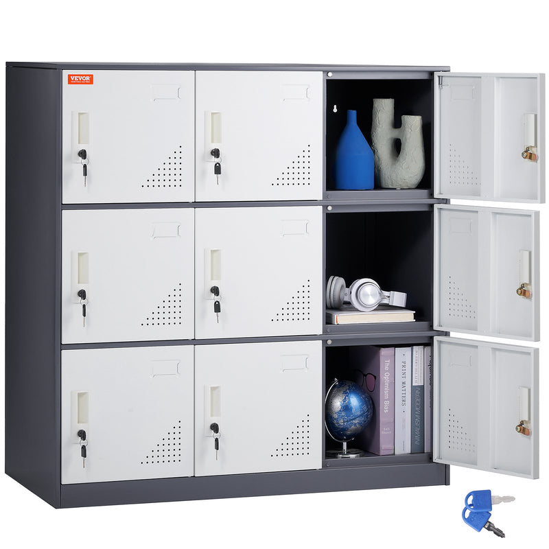9 Door Metal Storage Cabinet Gray Steel Office Employees