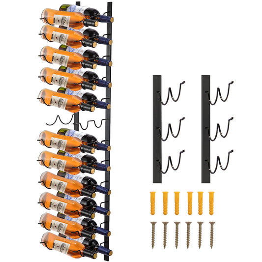 Wall Mounted Wine Rack 12 Bottle Black Steel Vertical Storage 48x11cm