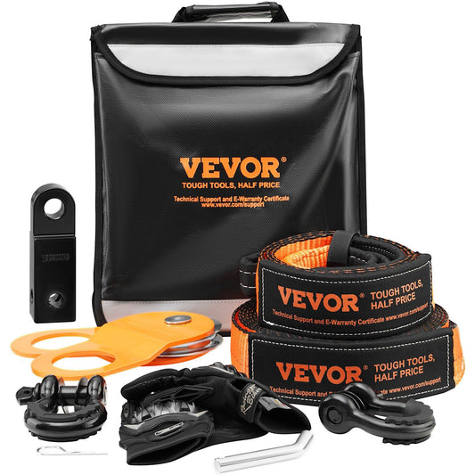 Off-Road Recovery Kit, 7.6 x 914.4 cm, Heavy Duty Winch Recovery Kit with 13608 kg Tow Straps, 20T D-Ring Shackles, Shackle Receiver, Snatch Block Pulley, Gloves, Storage Bag for ATV Jeep Truck