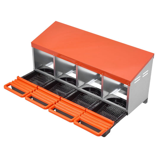 Chicken Nesting Boxes, 4 Compartments, Metal Egg Laying Boxes with Protective Collection Lids, Roll Out Nesting Box, Easy to Assemble, Ideal for Hens, Ducks, Chickens, and Other Poultry, Orange