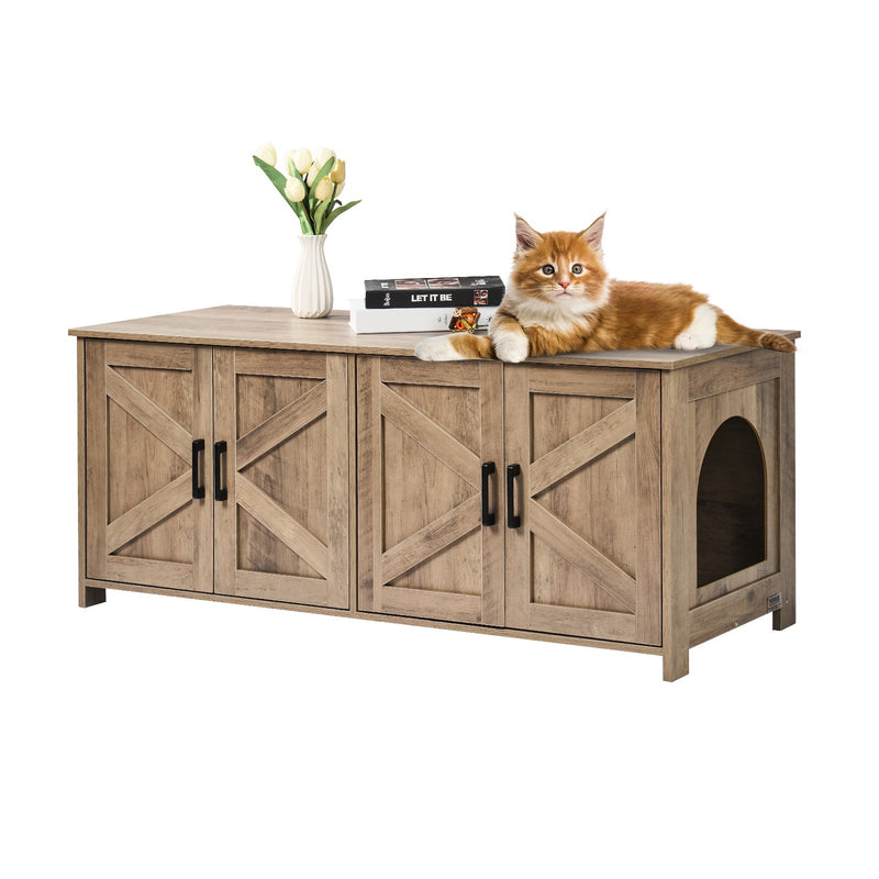 Wooden Cat Litter Box Enclosure Furniture Hidden 2 Room Greige