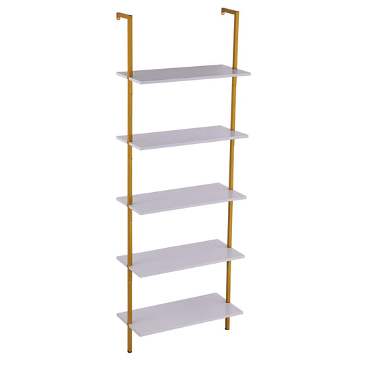 Industrial Square Pipe Shelf 5 Tier 64x30x182.5cm Wall-Mount Gold White
