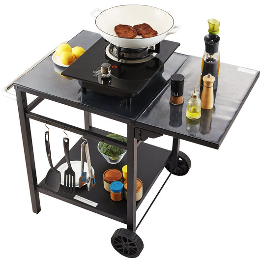 Outdoor BBQ Cart 55x55cm Double Shelf Foldable Food Prep Table Wheels