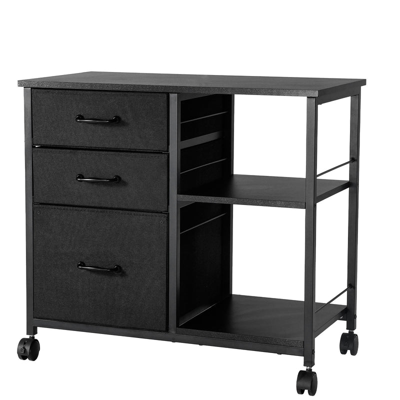 Mobile Metal File Cabinet 3 Fabric Drawers 2 Shelves Black