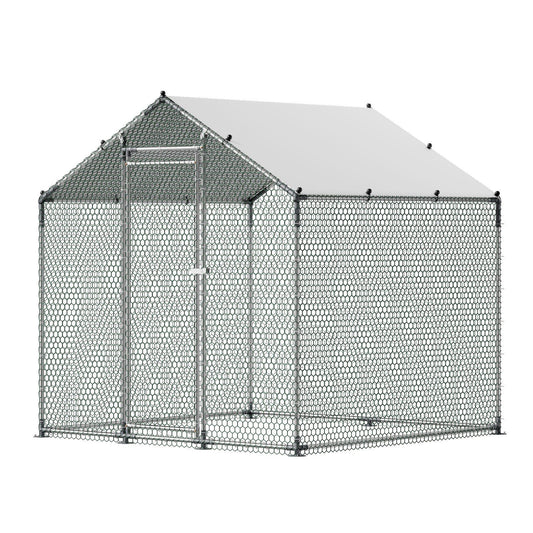Metal Chicken Coop, 6.56x6.56x6.56ft Large Walk-in Chicken Runs with Cover, Spire Roof Hen House Enclosure with Security Lock, Outdoor Duck Rabbit Cage Poultry Pen for Backyard, Farm, Yard