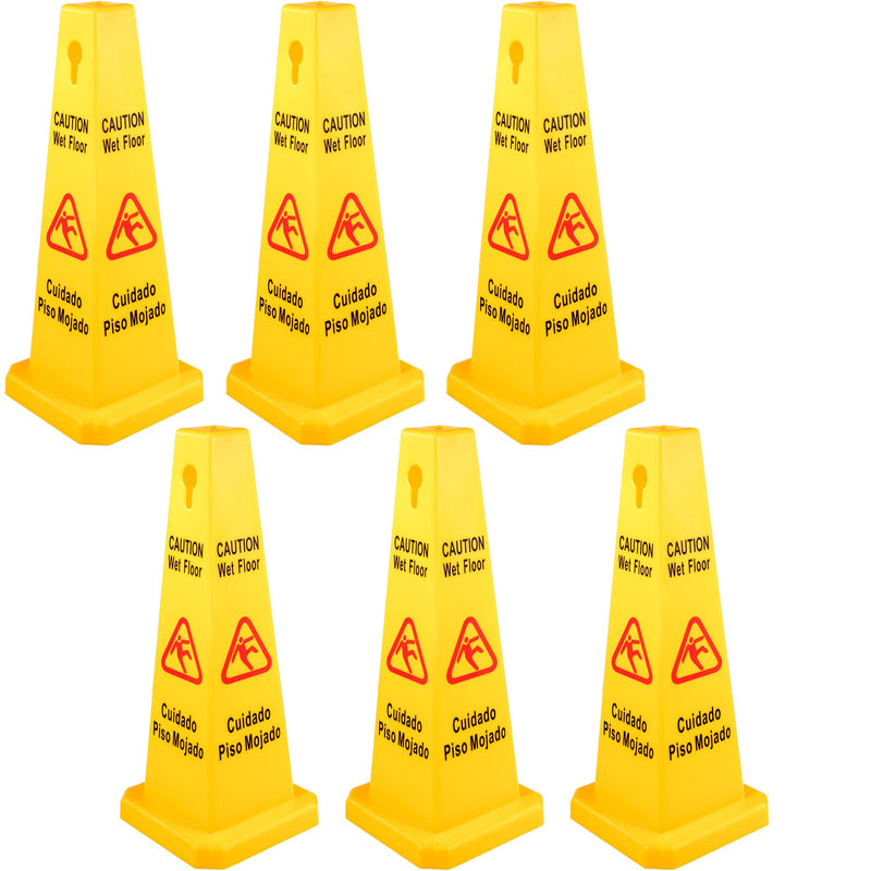 6x Yellow Wet Floor Safety Cones 66cm Bilingual Caution Signs Indoor Outdoor