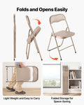 4 Pack Folding Chairs Leather Padded Metal Frame Stackable Khaki