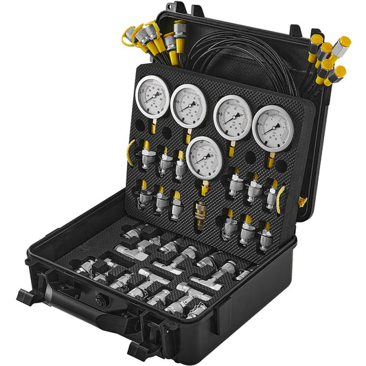 Hydraulic Pressure Test Kit, 10/100/250/400/600bar, 5 Gauges 13 Couplings 14 Tee Connectors 5 Test Hoses, Excavator Hydraulic Test Gauge Set with Carrying Case for Excavator Tractors Machinery