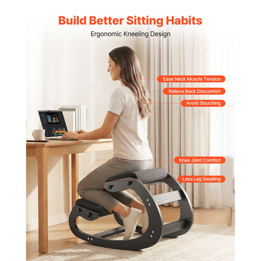 Ergonomic Kneeling Chair, Wooden Posture Knee Chair with Adjustable Thick Foam Cushions & Solid Wood Frame, Adjustable Height, Relief for Neck or Back Pain for Home, Office or Meditation, Black