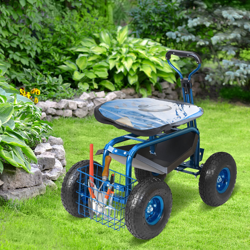Rolling Garden Cart Seat Wheels Extendable Handle Blue