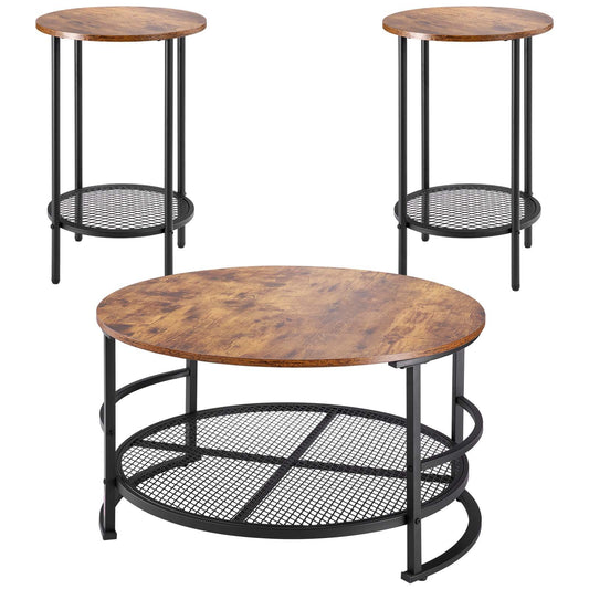 3 Piece Round Coffee Table Set 80cm With 2 End Tables