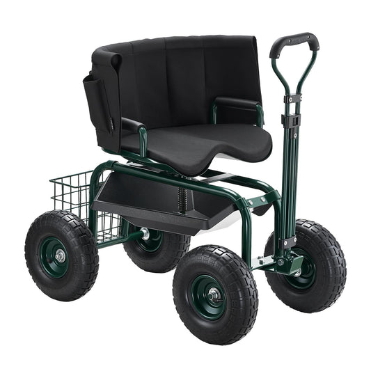 Garden Cart Seat Swivel Wheels Extendable Handle Storage Box