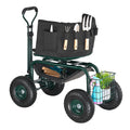 Garden Cart Seat Swivel Wheels Extendable Handle Storage Box