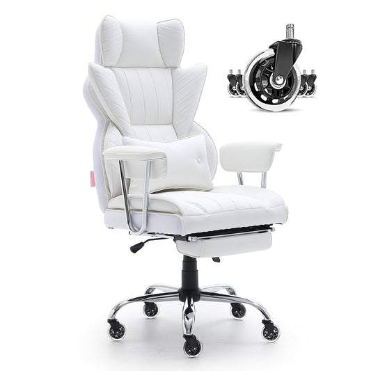 Big & Tall Reclining Office Chair PU Leather Footrest Lumbar Support White