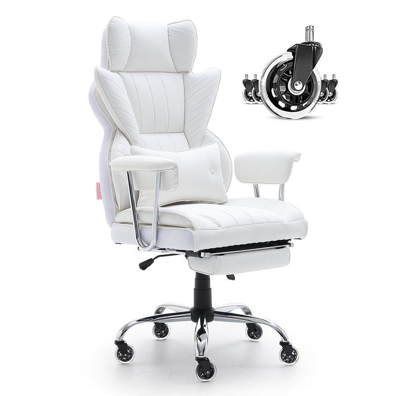 Big & Tall Reclining Office Chair PU Leather Footrest Lumbar Support White