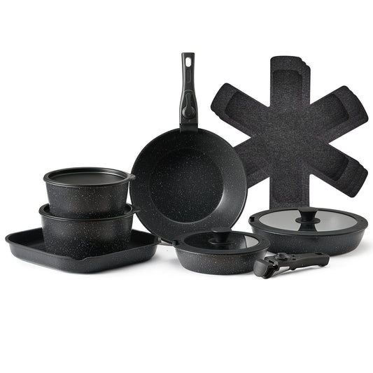 17pc Granite Nonstick Cookware Set Detachable Handle Induction Oven Safe