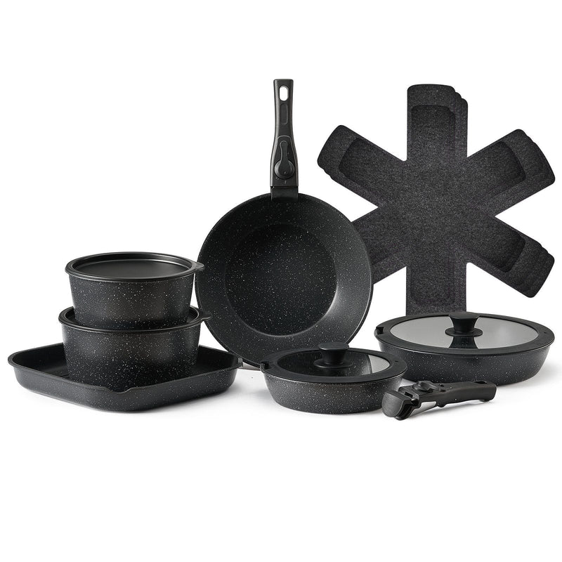 17pc Granite Nonstick Cookware Set Detachable Handle Induction Oven Safe