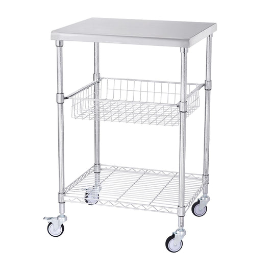 Kitchen Utility Cart, 3 Tiers, Wire Rolling Cart with 213kg Capacity, Steel Service Cart on Wheels, Metal Storage Trolley with 76mm Basket Curved Handle PP Liner 6 Hooks, for Indoor and Outdoor