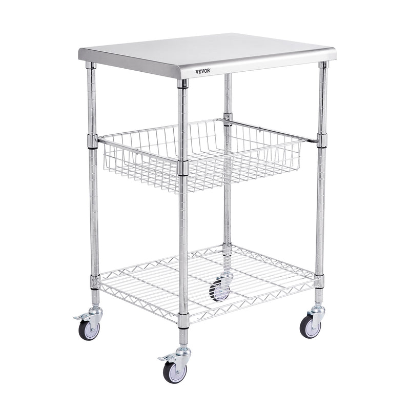 3 Tier Wire Rolling Cart 213kg Steel Storage Trolley Wheels Hooks