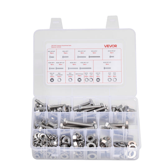 246pc Stainless Steel Bolts Nuts Washers Assortment Kit Case