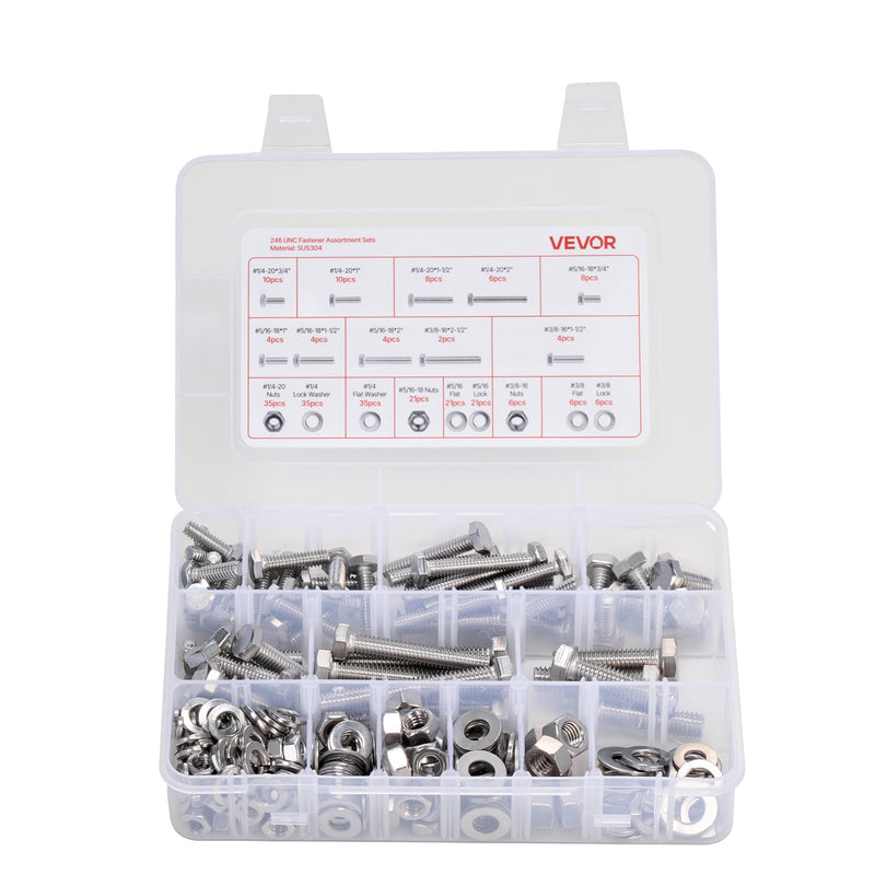 246pc Stainless Steel Bolts Nuts Washers Assortment Kit Case