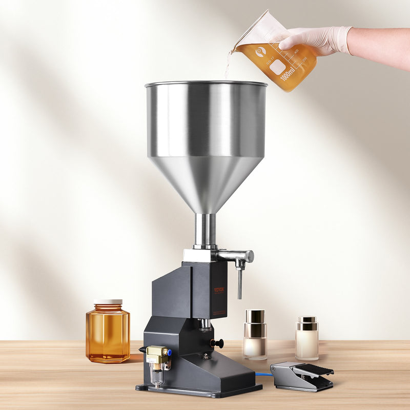Pneumatic Paste Liquid Filling Machine, 5-50ml Bottle Filler, Bottle Filling Machine, Stainless Steel Liquid Filler with Pedal for Milk Water Juice Essential Oil Shampoo Cosmetic Honey Lotion