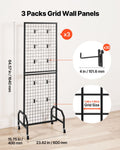 3x Grid Wall Panels 600x1640mm Wire Display Rack w/Wheels Hooks