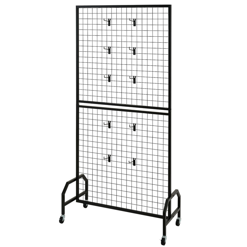 2x Grid Wall Panels 898x1798mm Wire Display Rack Wheels Hooks Black