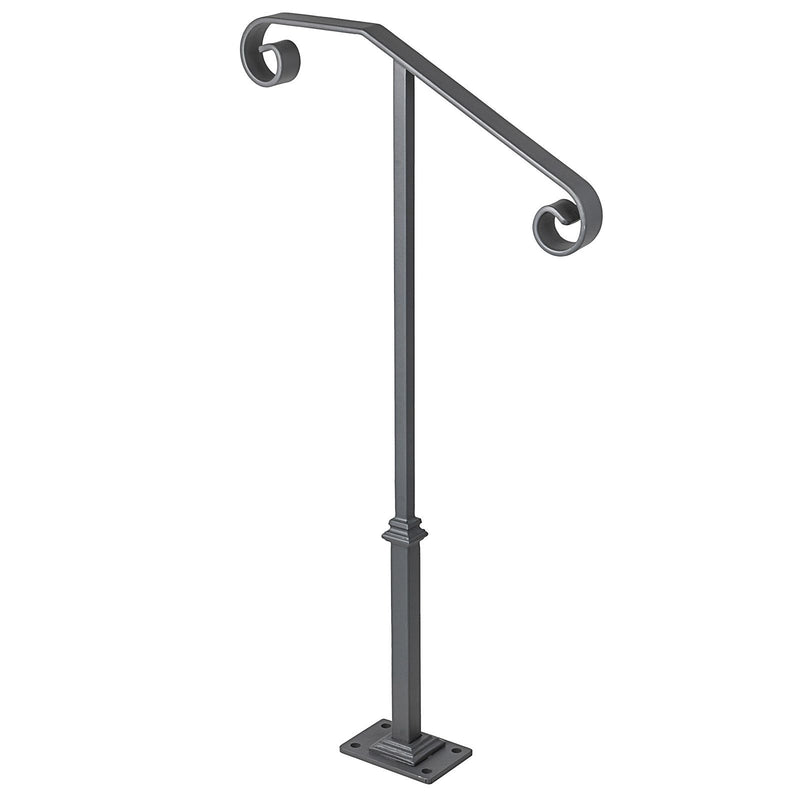 Handrails for Outdoor Steps, Fit 1 or 2 Steps Outdoor Stair Railing, Single Post Wrought Iron Handrail, Gray Transitional Porch Railings for Concrete Steps or Wooden Stairs with Base