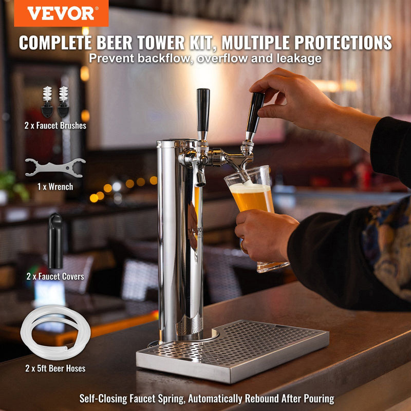 Dual Tap Beer Kegerator Tower Kit Stainless Steel Self-Closing