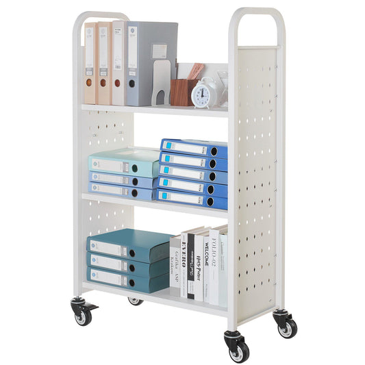 Rolling Library Book Cart 3-Tier 150kg Capacity 77x38x122cm White