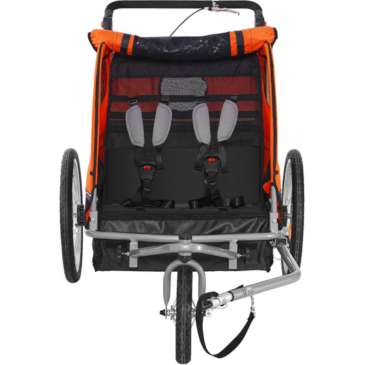 Bike Trailer for Toddlers, Kids, Double Seat, 45 kg Load, 2-In-1 Canopy Carrier Converts to Stroller, Tow Behind Foldable Child Bicycle Trailer with Universal Bicycle Coupler, Orange and Gray