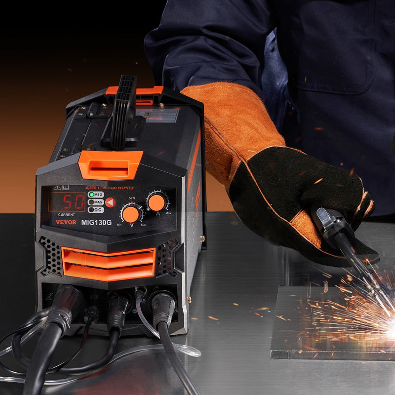 MIG Welder, 130A Synergic Mig Welding Machine, 2-in-1 Gas MIG/Gasless Flux Core MIG Multi-Process Welder Machine, Portable Mig Welder with IGBT Inverter Technology & Digital Display Screen