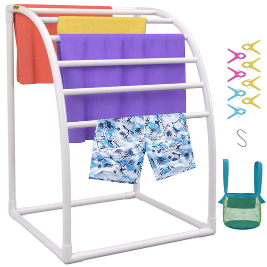 Outdoor Towel Rack 7 Bar Curved White Freestanding Pool Patio