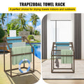 Pool Towel Rack, 5 Bar, Brown, Freestanding Outdoor PVC Trapedozal Poolside Storage Organizer, Include 8 Towel Clips, Mesh Bag, Hook, Also Stores Floats and Paddles, for Beach, Swimming Pool