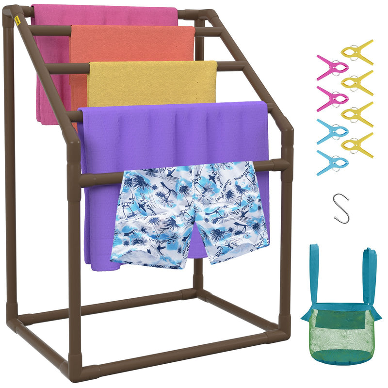 Pool Towel Rack 5 Bar Brown Freestanding PVC Trapezoid Poolside Storage