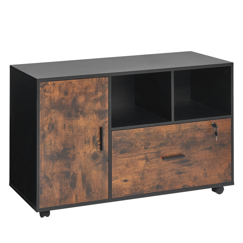 Wood File Cabinet Lockable Mobile Rustic Brown Open Shelves