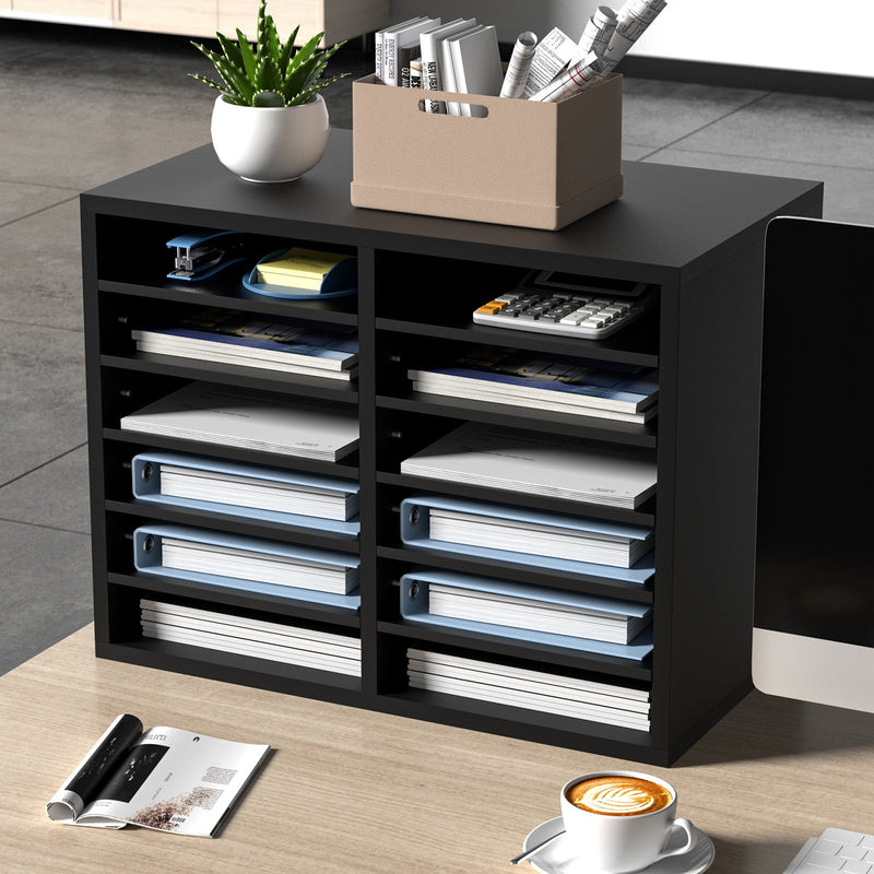 Wood Literature Organizer 12 Compartments Adjustable Black