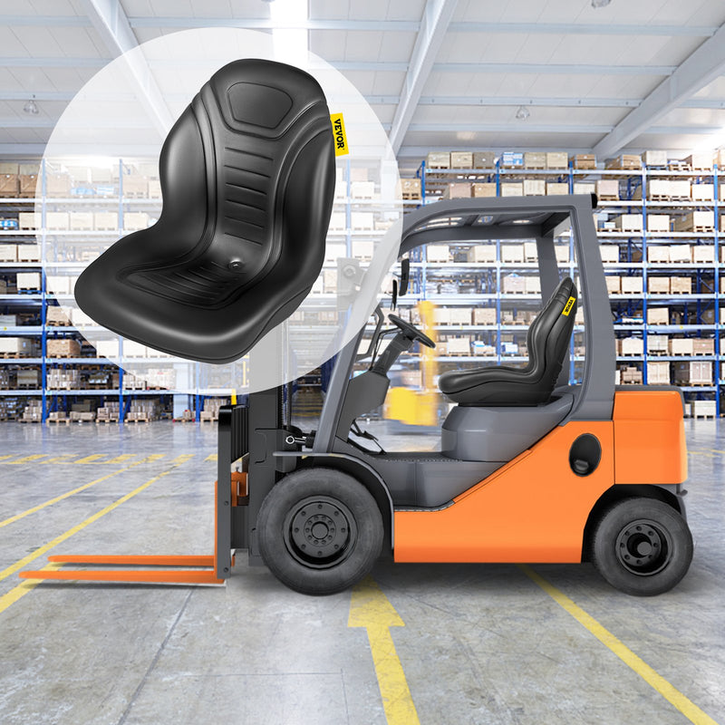 Universal Lawn Tractor Seat Replacement, Compact High Back Mower Seat, Black Vinyl Forklift Seat, Central Drain Hole Skid Steer Seat with Mounting Bolt Patterns of 8