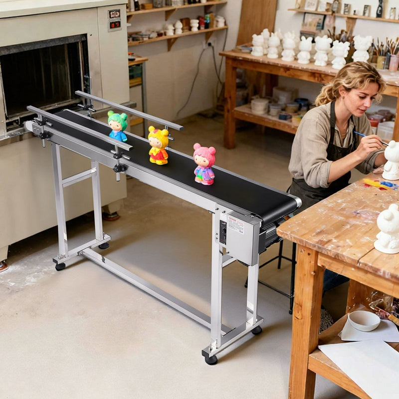 Belt Conveyor, 1498.6 x 198.1 mm Conveyor Table Heavy Duty Stainless Steel Motorized Belt Conveyor for Inkjet Coding Applications Powered PVC Belt Anti-Static Adjustable Speed (Double Guardrail)
