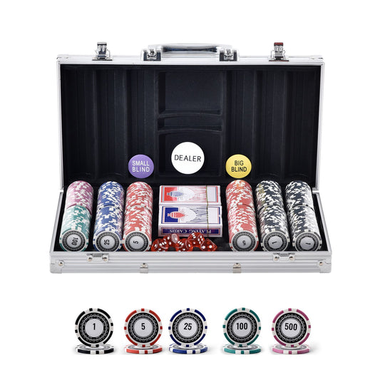 Poker Chip Set, 300-Piece Poker Set, Complete Poker Playing Game Set with Aluminum Carrying Case, 11.5 Gram Casino Chips, Cards, Buttons and Dices, for Texas Hold'em, Blackjack, Gambling