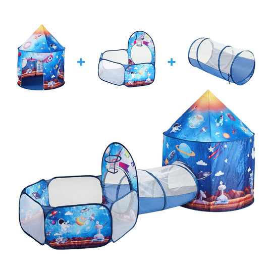 3 in 1 Kids Play Tent with Tunnel for Boys, Girls, Babies and Toddlers, Indoor/Outdoor Pop Up Playhouse with Carrying Bag & Banding Straps Birthday Gifts, Royal Blue Color Rocket Theme