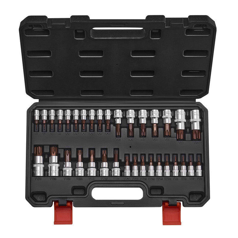 Torx Bit Socket Set 34pc T6-T70 1/4 3/8 1/2 Drive Cr-V Steel Case