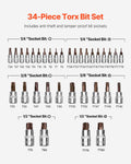 Torx Bit Socket Set 34pc T6-T70 1/4 3/8 1/2 Drive Cr-V Steel Case