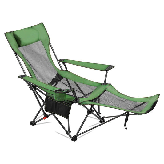 Reclining Camping Chair, 4 Adjustable Positions, Portable Folding Lounger for Adults, Mesh Beach Chair with Headrest & Foot Rest, Supports 220 lbs, Heavy Duty Camp Chairs for Patio, Green